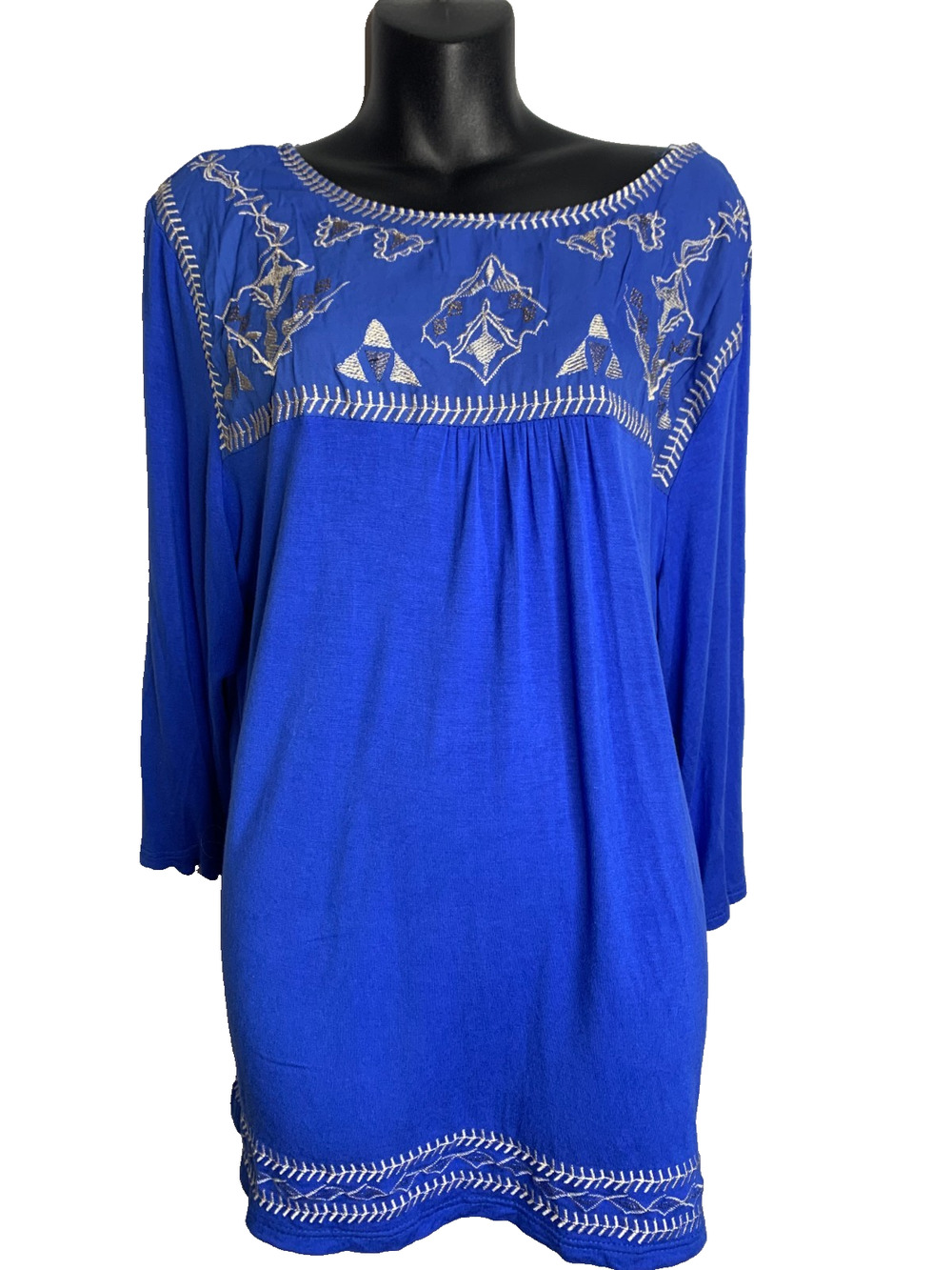 Simply Irresistible Women's 1X Royal Blue 3/4 Sleeve Boho V-Neck Blouse
